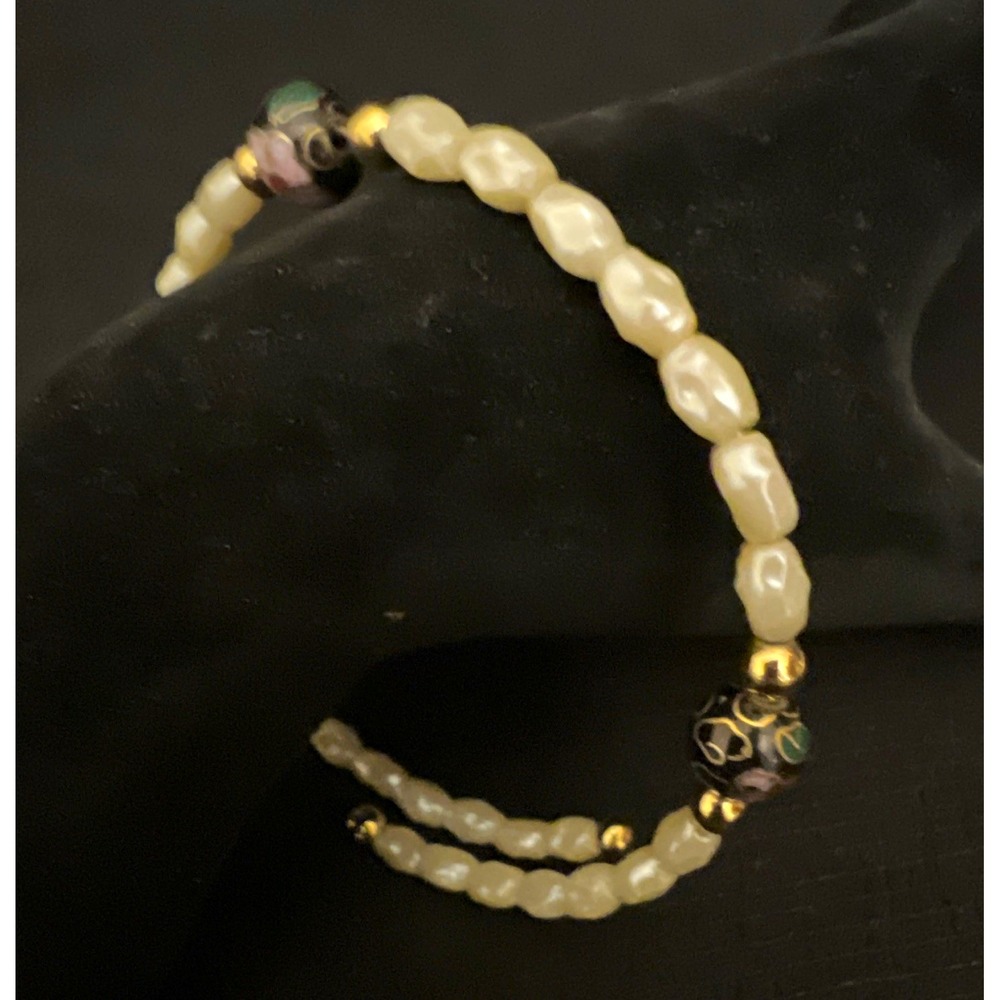 White Faux Pearl & Black Cloisonné Beaded Bracelet Gold Tone Wire Coil